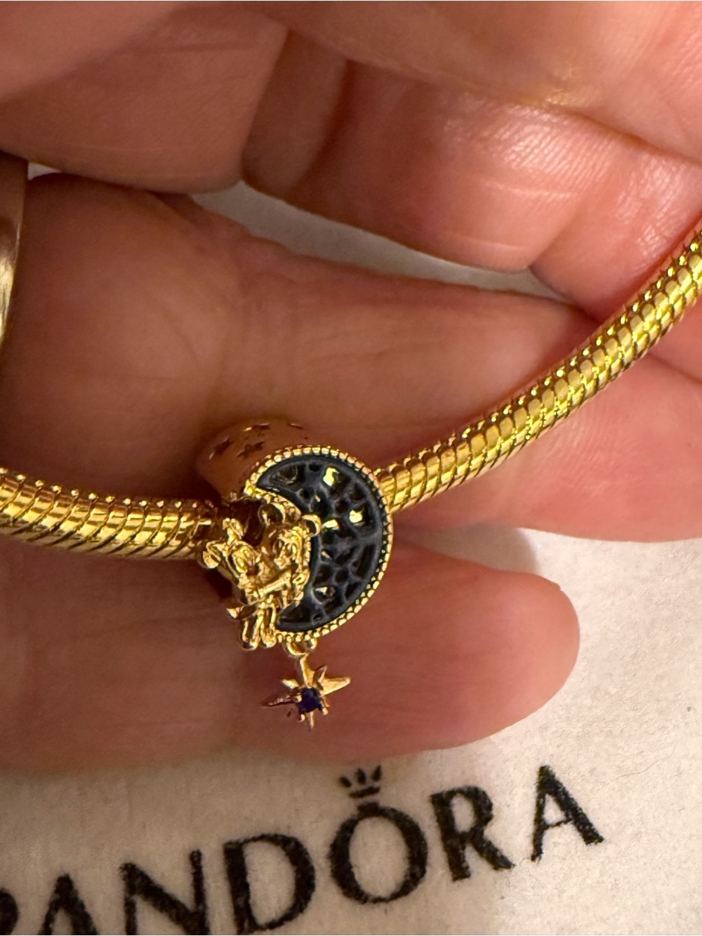 Pandora Gold-Tone Cherub & Black Enamel Moon Charm Bracelet with Star Drop